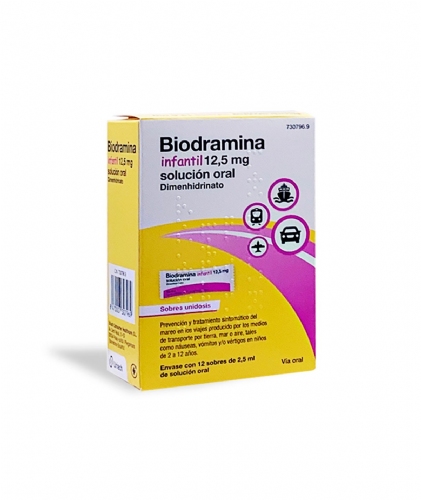 BIODRAMINA INFANTIL 12,5 MG SOLUCION ORAL, 12 sobres unidosis de 2,5 ml