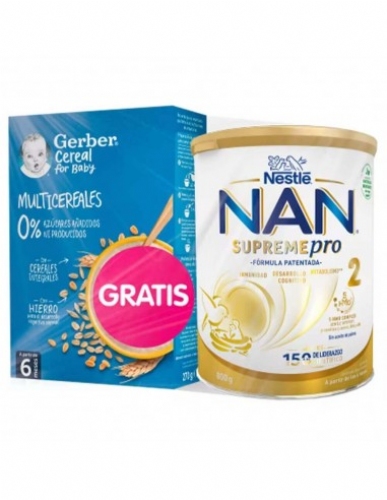 Nan supreme pro 2 + gerber multicereales 0% azucares añadidos pack regalo  1 envase 800 g + 1 envase
